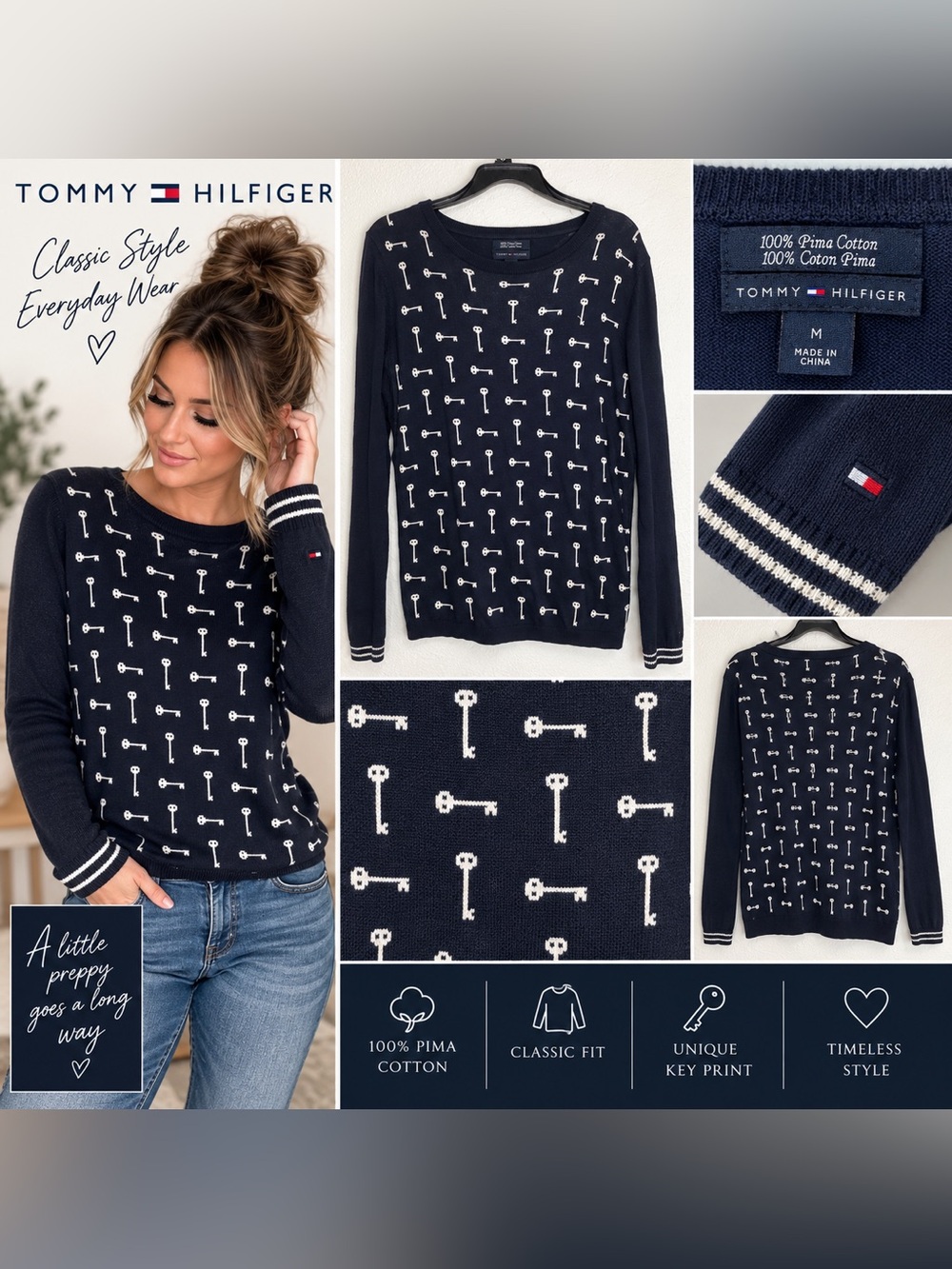 Tommy Hilfiger Navy & White Key-Print Pima Cotton Crew Sweater